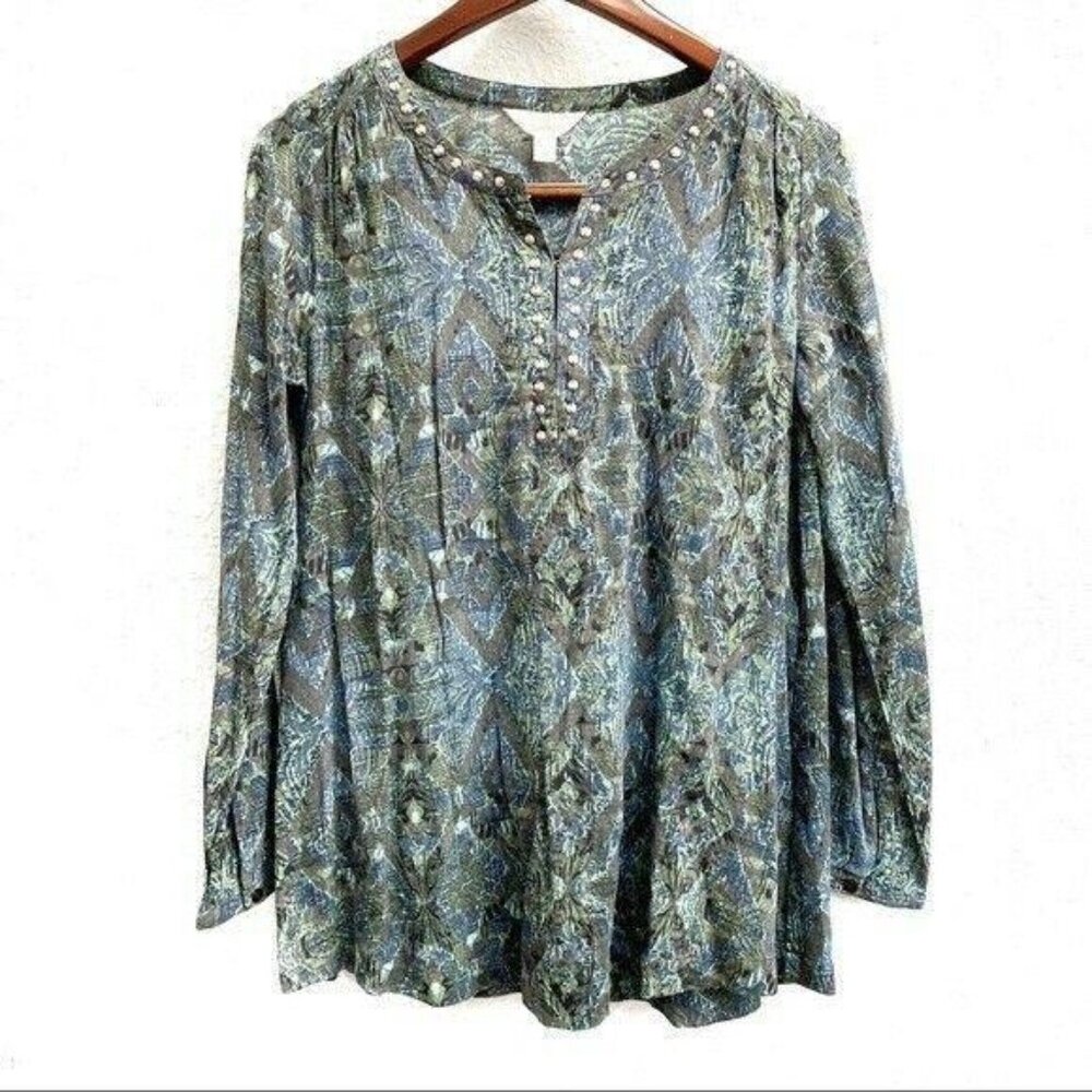 Sun & Shadow Green Boho Studded Long Sleeve Tunic Womens Size XS Swim Cover